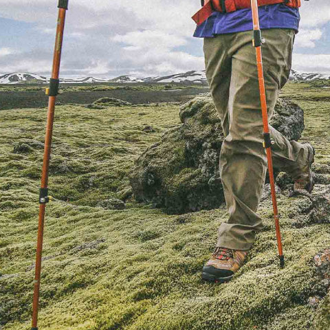 person walking in the mountains with hiking poles