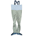 A pair of waders with a light blue upper bib and dark blue shoulder straps, paired with sage green legs and dark blue foot coverings, shown against a plain white background.