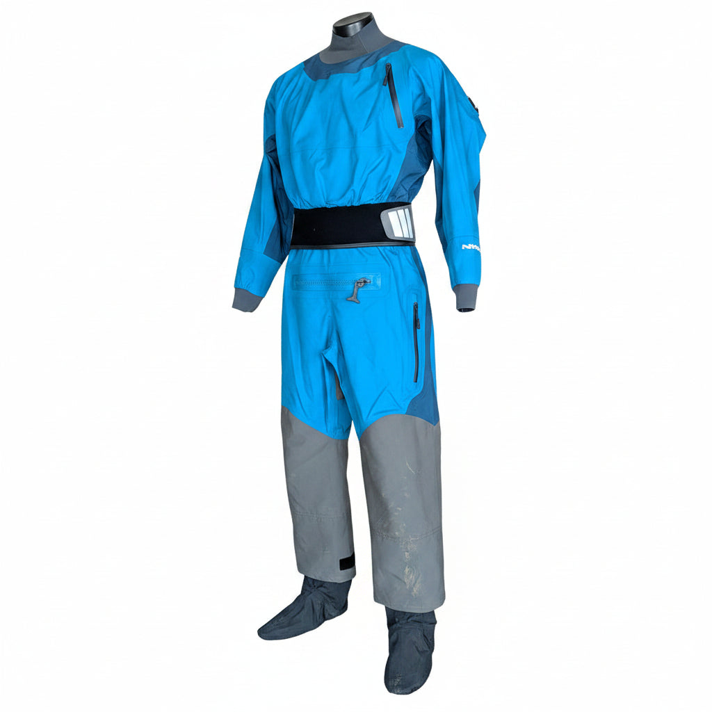 A blue and gray dry suit with integrated foot coverings, displayed on a hanger against a plain white background.