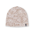 Beige and white patterned beanie on a white background