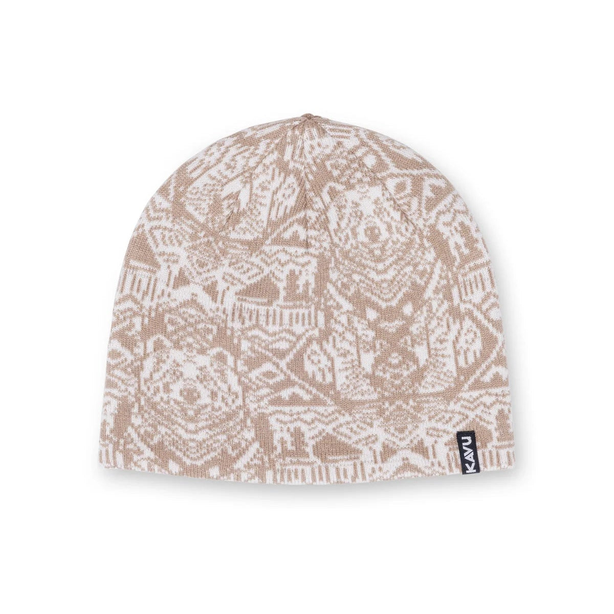 Beige and white patterned beanie on a white background