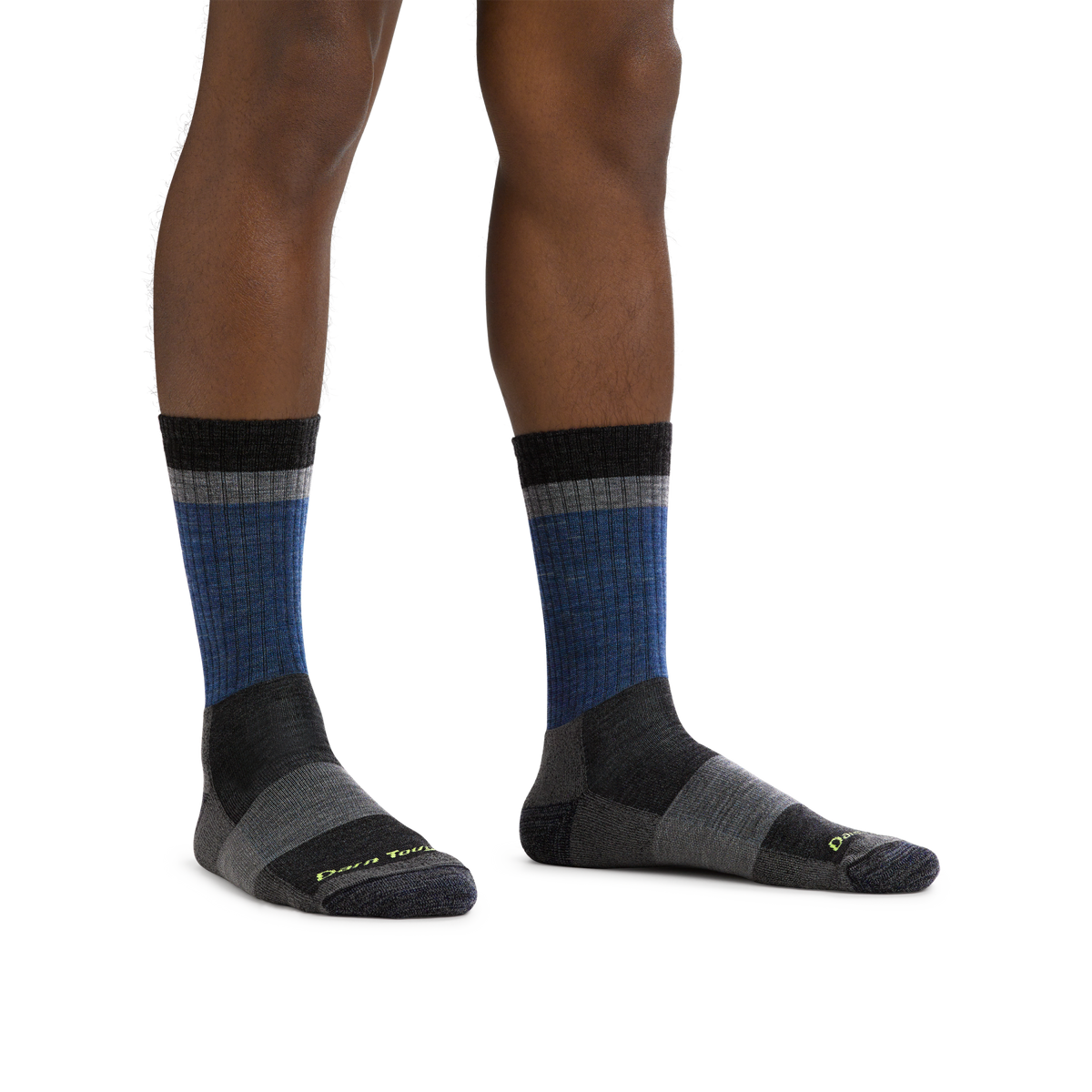 Darn Tough Heady Stripe Micro Crew Lightweight Cushion Men's sock in Blue, worn on foot