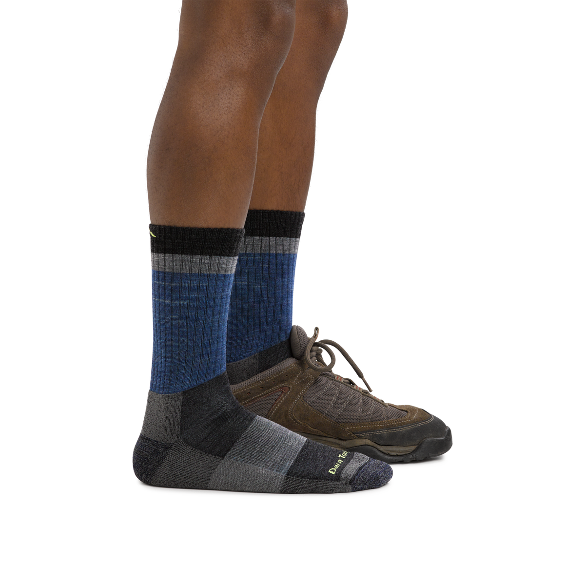 Darn Tough Heady Stripe Micro Crew Lightweight Cushion Men's sock in Blue, worn with shoe