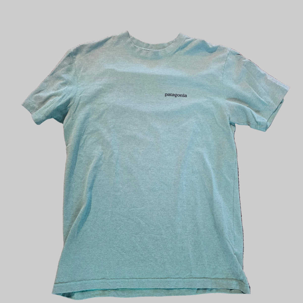 A light blue heathered t-shirt with a small black 'patagonia' logo on the left chest, laid flat on a textured pinkish-brown carpet.