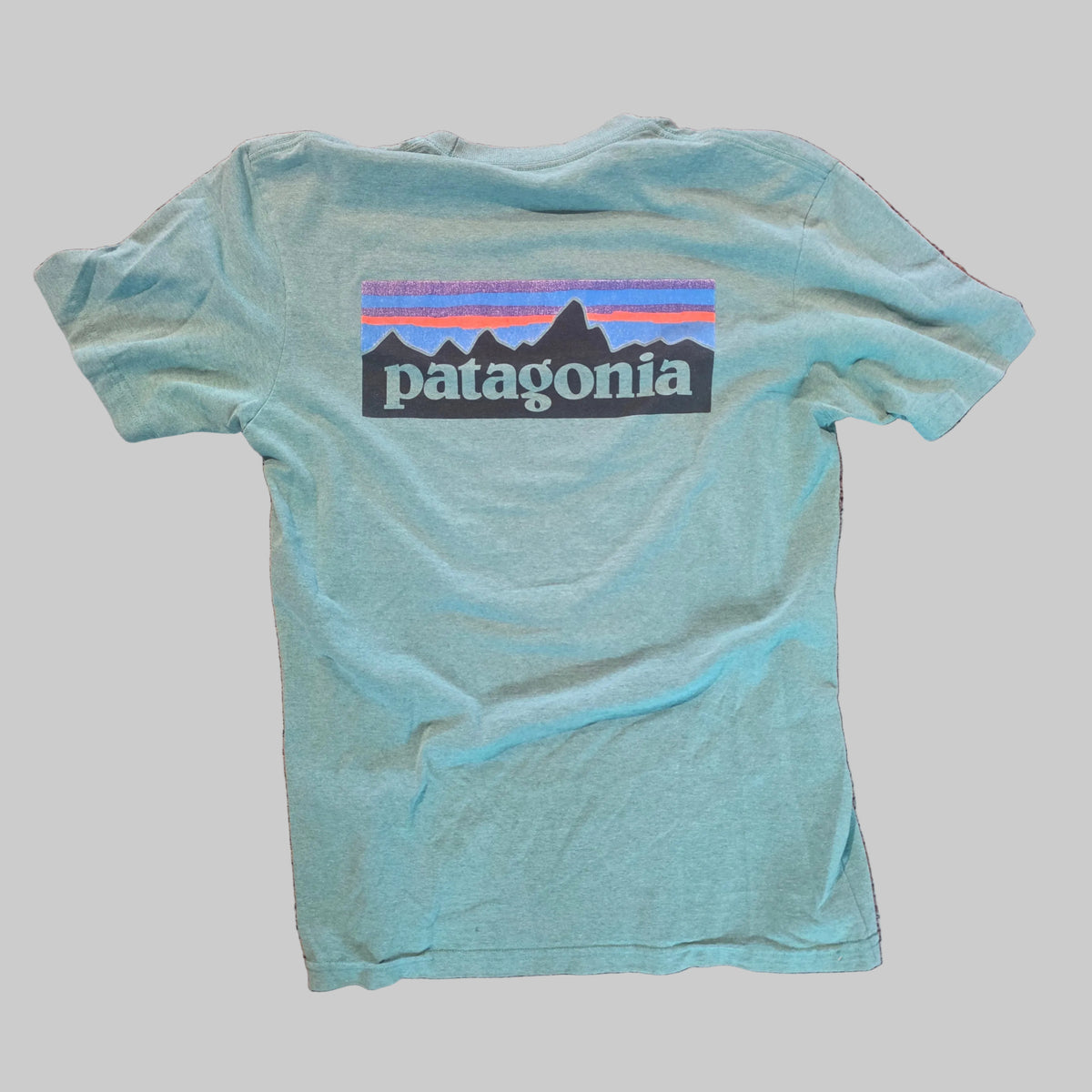 A light blue heather Patagonia t-shirt laid flat on a textured pink carpet, featuring the classic multicolor mountain logo on the chest.
