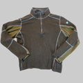 A dark olive brown quarter-zip fleece pullover with contrasting light gray piping and olive green inner lining, laid flat on a textured beige carpet.