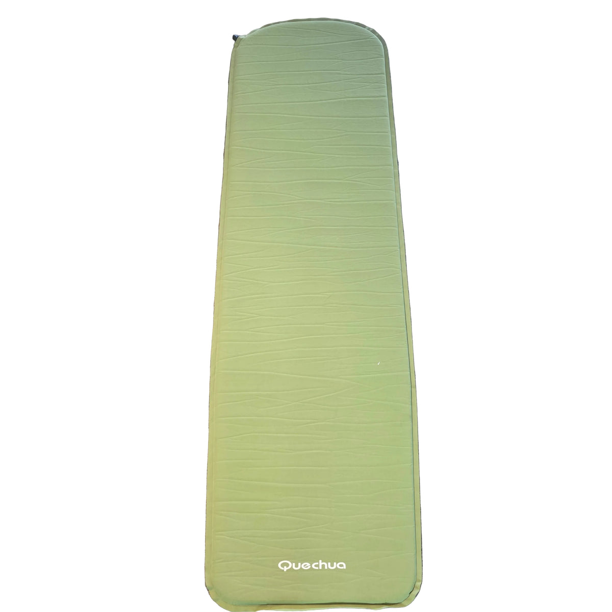 A light green Quechua camping sleeping pad laid flat on a gray carpeted floor.
