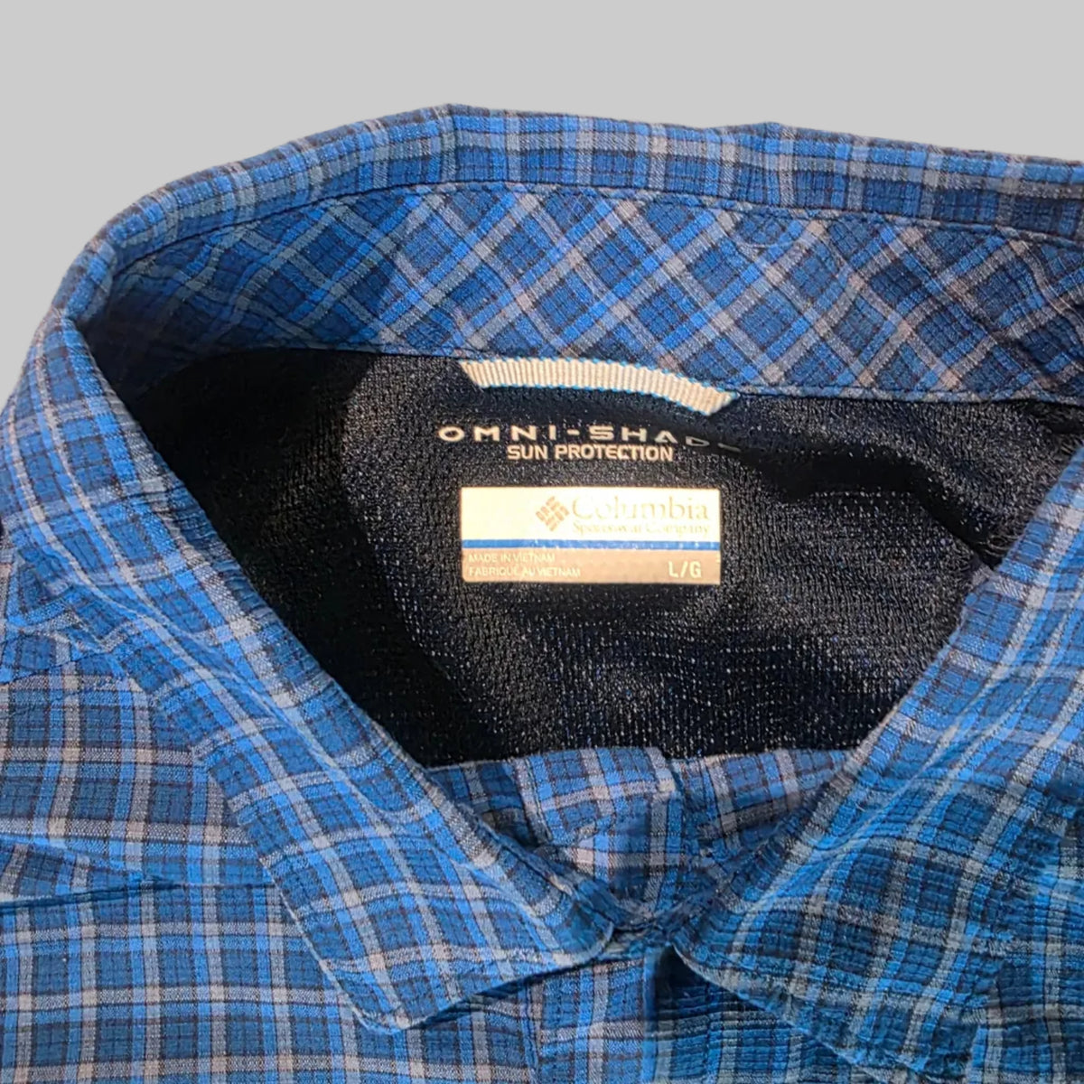 Columbia Omni-Shade Men’s Long-Sleeve Shirt – Large – Blue Plaid – Used