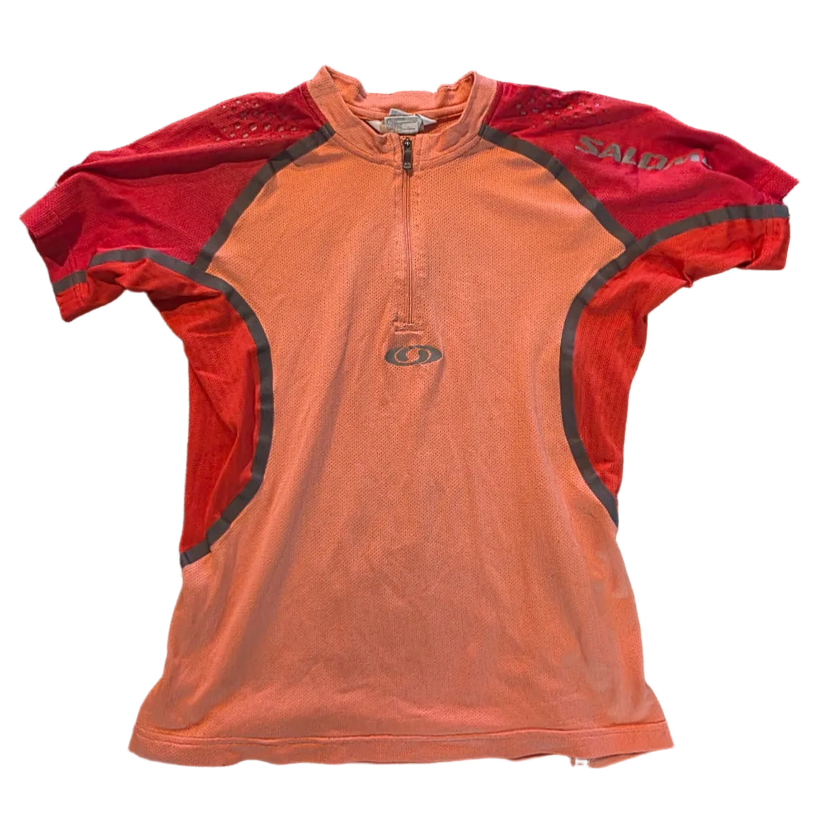 Front of coral and red Salomon women's cycling jersey