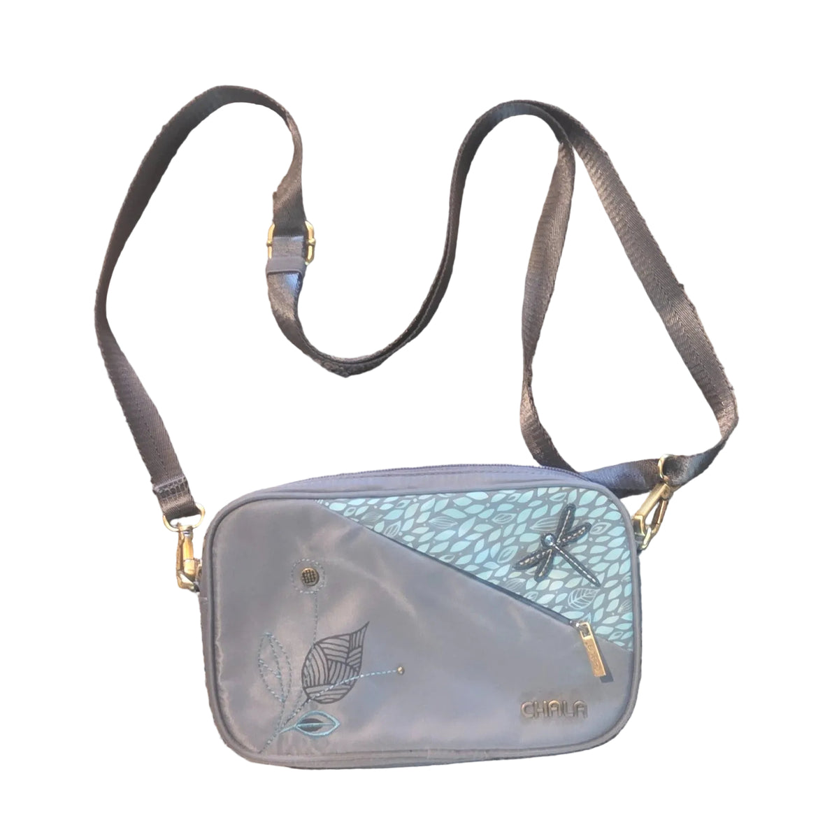 Chala Nature floral dragonfly crossbody bag, gray and turquoise