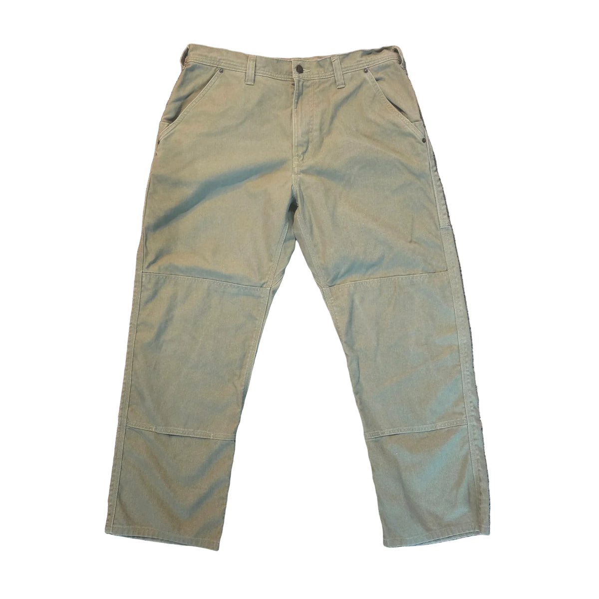 A pair of light olive green cargo pants laid flat on a textured beige carpet.