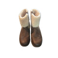A pair of brown leather ankle boots with thick cream shearling-style cuffs, photographed standing upright on a textured gray carpet.
