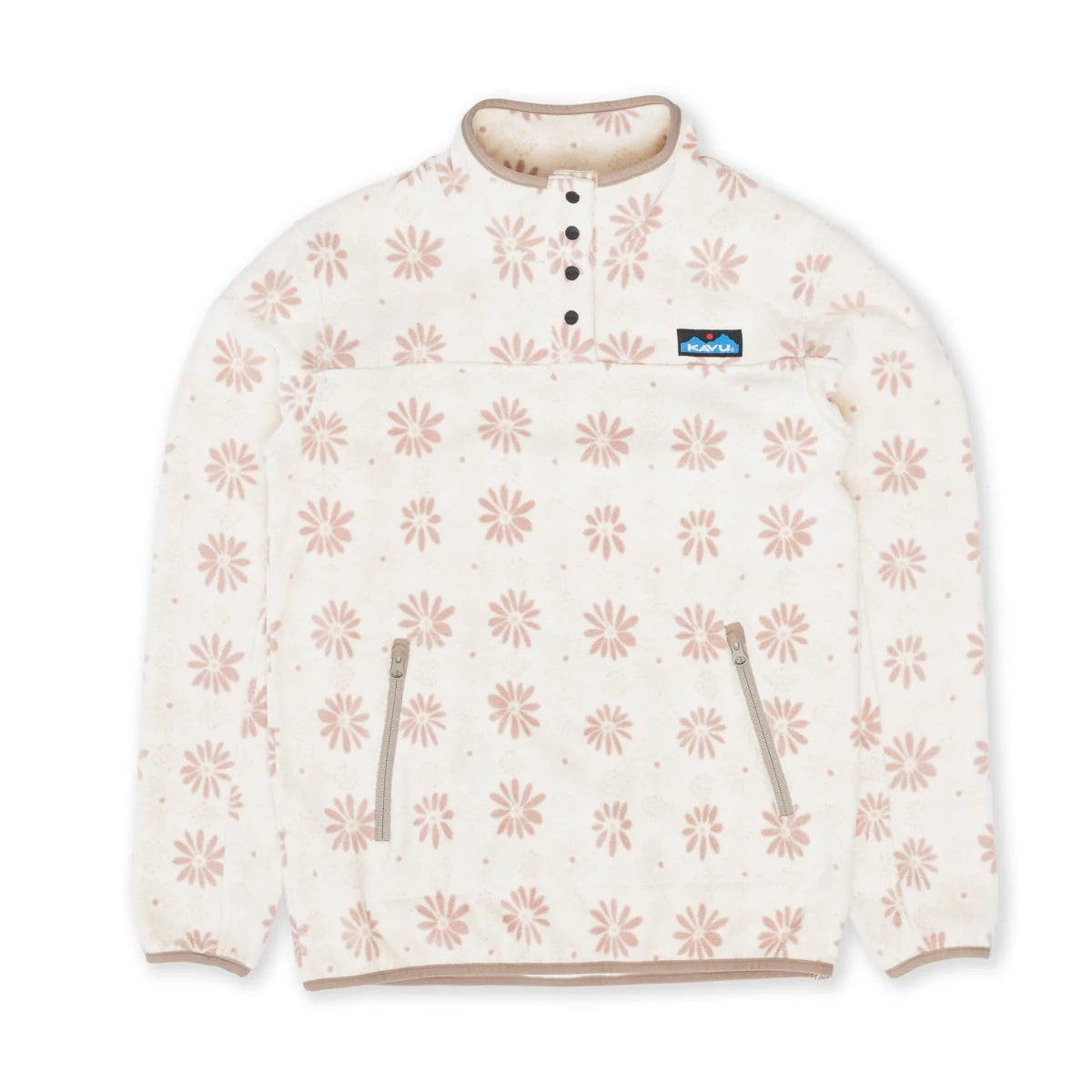 A Patagonia fleece pullover jacket in off-white with a dusty pink floral pattern, featuring a buttoned collar and zippered hand pockets.