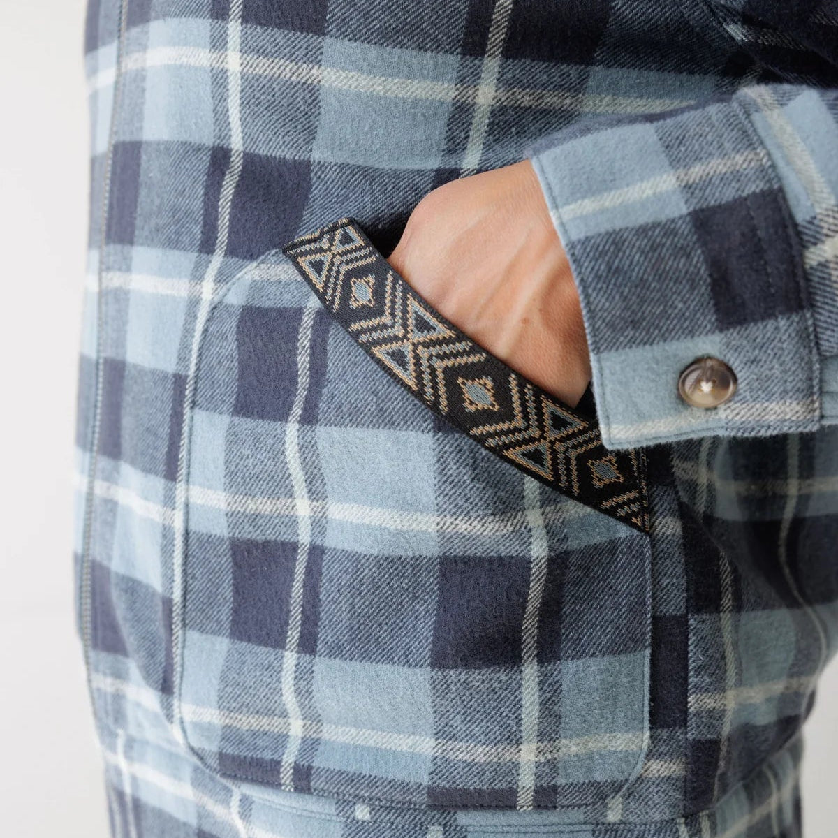 Close-up of a person wearing a blue and navy plaid flannel shirt with a side pocket, showing a hand in the pocket and a patterned fabric lining.