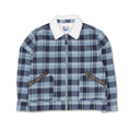 A blue and gray plaid zip-up jacket with a white fleece collar, featuring decorative patterned trim on the front pockets, displayed on a clean white background.