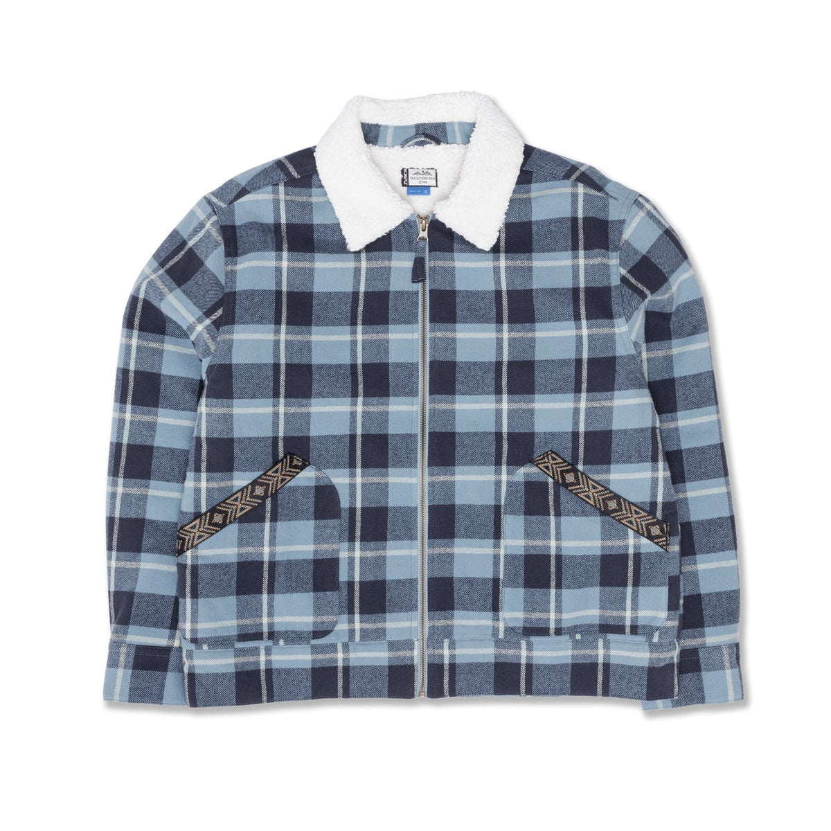 A blue and gray plaid zip-up jacket with a white fleece collar, featuring decorative patterned trim on the front pockets, displayed on a clean white background.