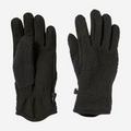 A pair of black fleece-lined gloves shown flat against a light gray background, with one glove displaying the smooth palm side and the other showing the textured fleece back with a thumb loop.