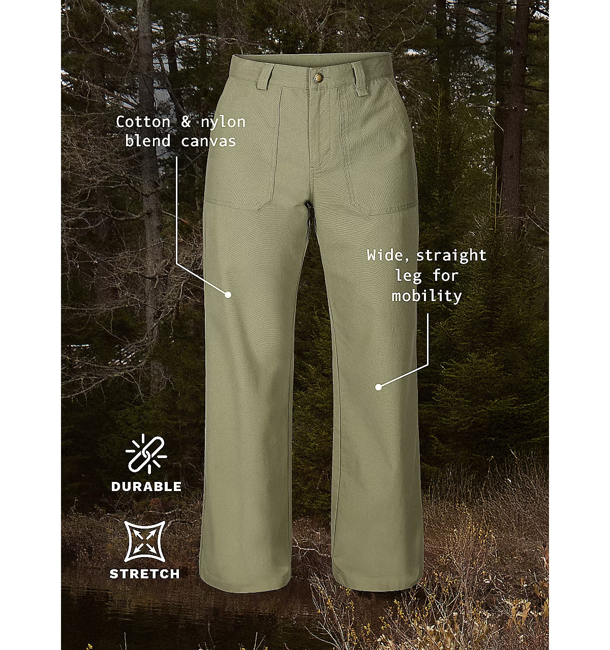 Olive green canvas pants shown against a forest background with text callouts reading 'Cotton & nylon blend canvas,' 'Wide, straight leg for mobility,' and durability/stretch icons.
