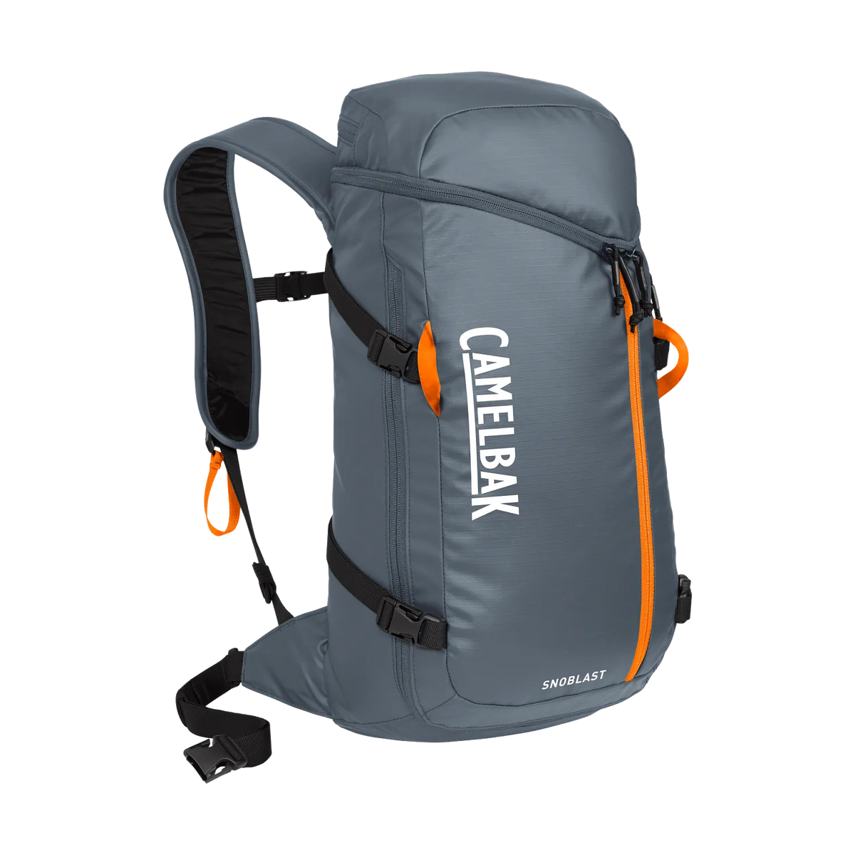 A gray CamelBak Snowblast backpack with orange accents and white branding, shown on a plain white background.