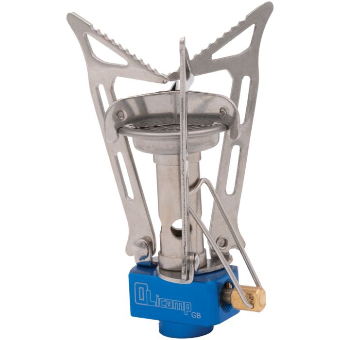Portable camping stove with blue base on a white background