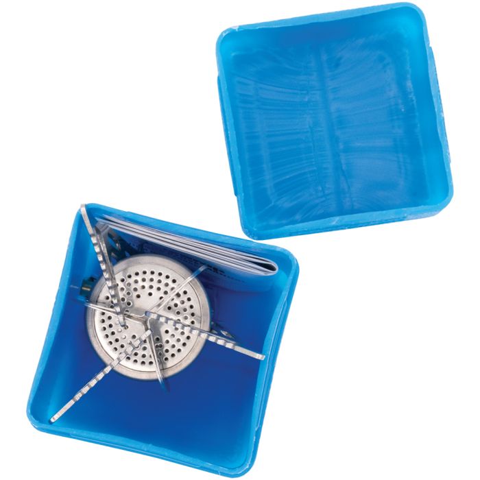 A compact blue plastic travel stove with a matching lid, shown open on a white background. The stove features a silver metal grate and three adjustable legs.