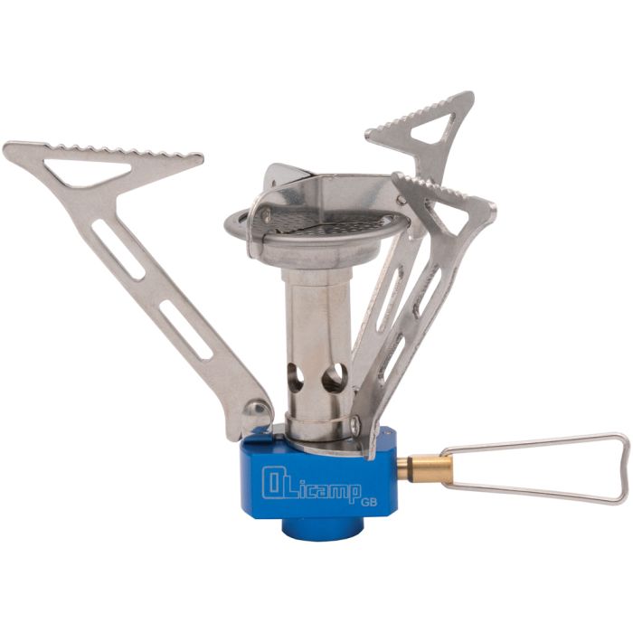 Portable camping stove with blue base and metallic structure on a white background