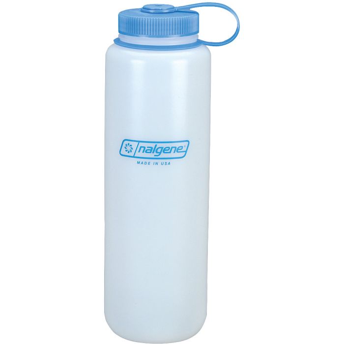 Nalgene water bottle with blue lid on a white background