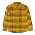 A yellow and brown plaid long-sleeve button-up shirt with two chest pockets, laid flat against a white background.