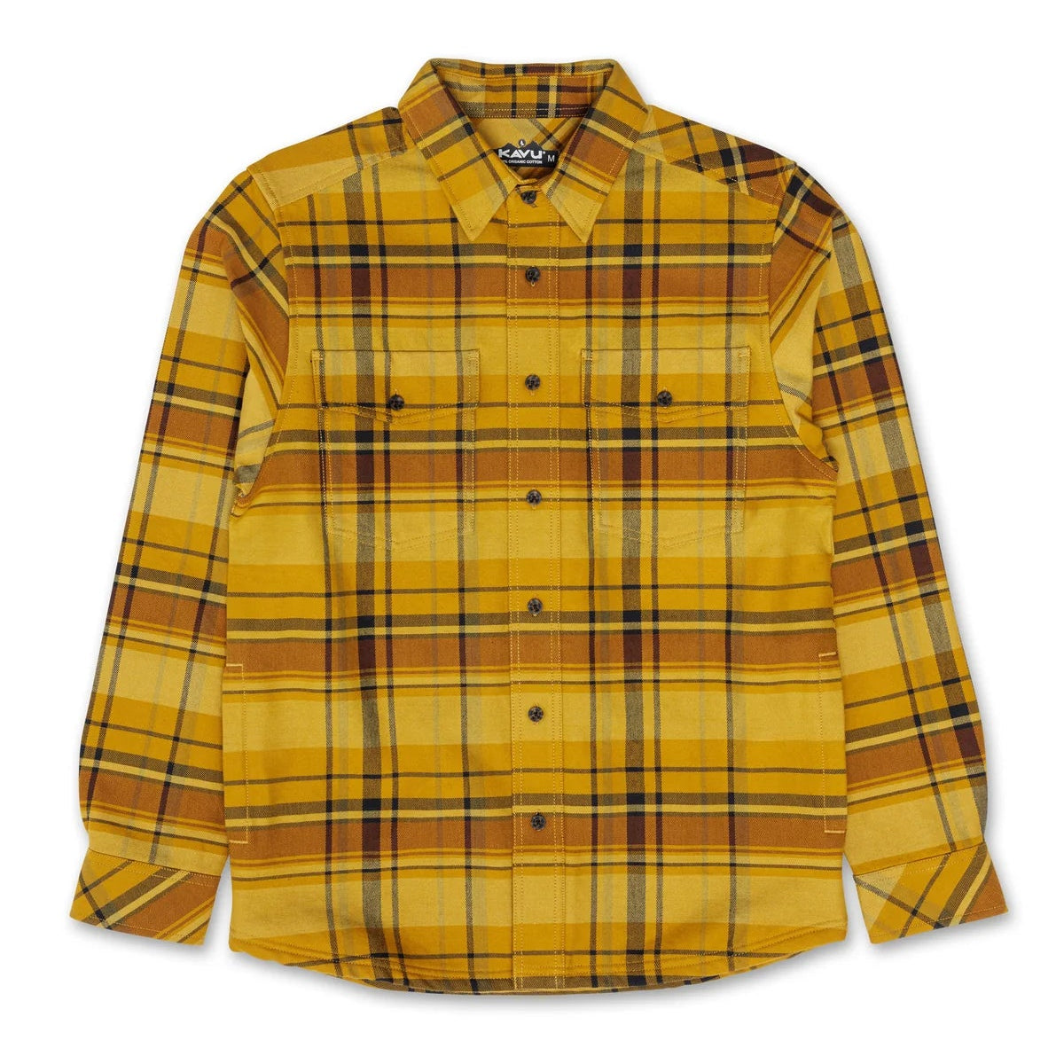 A yellow and brown plaid long-sleeve button-up shirt with two chest pockets, laid flat against a white background.