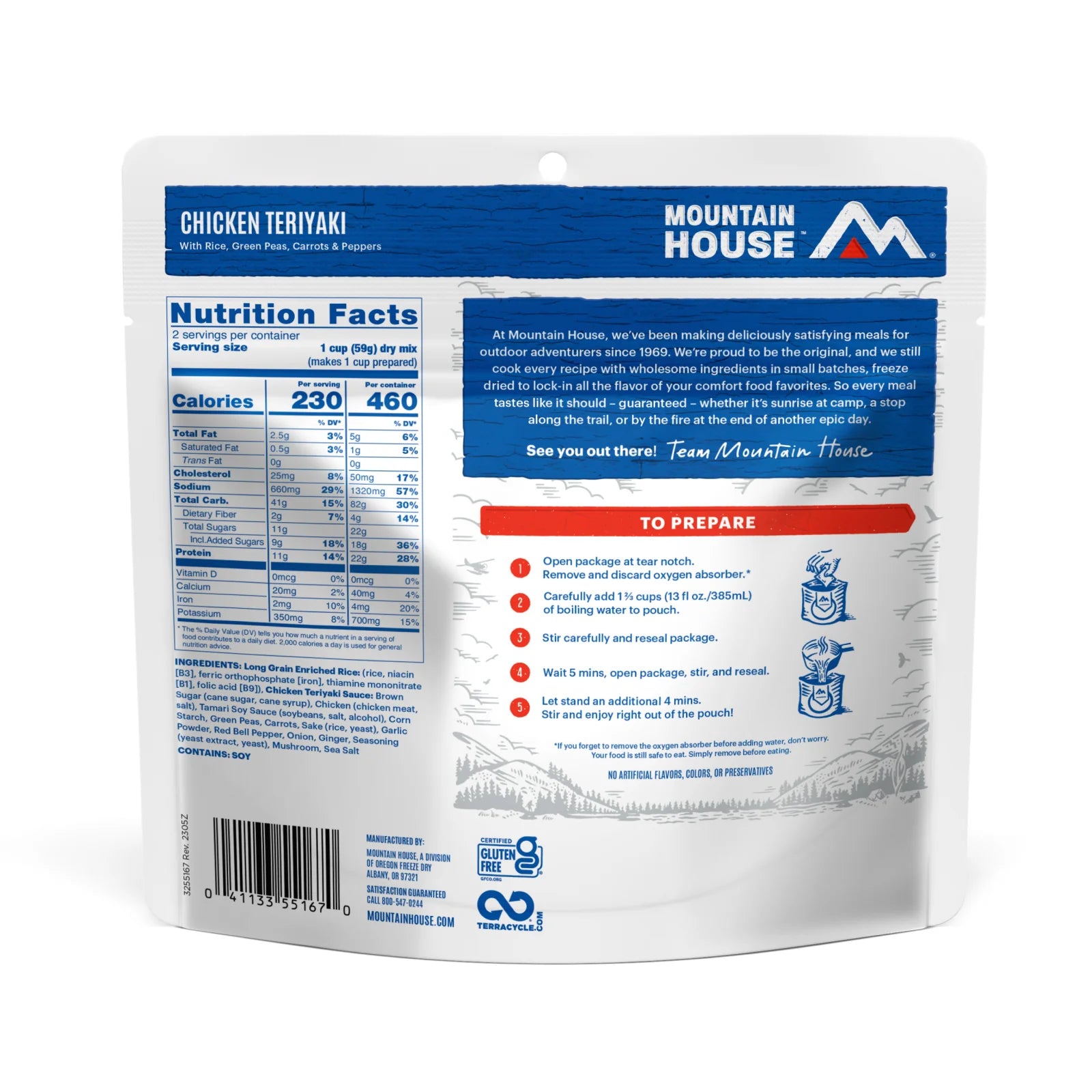 Mountain House Chicken Teriyaki meal package with nutrition facts and preparation instructions.