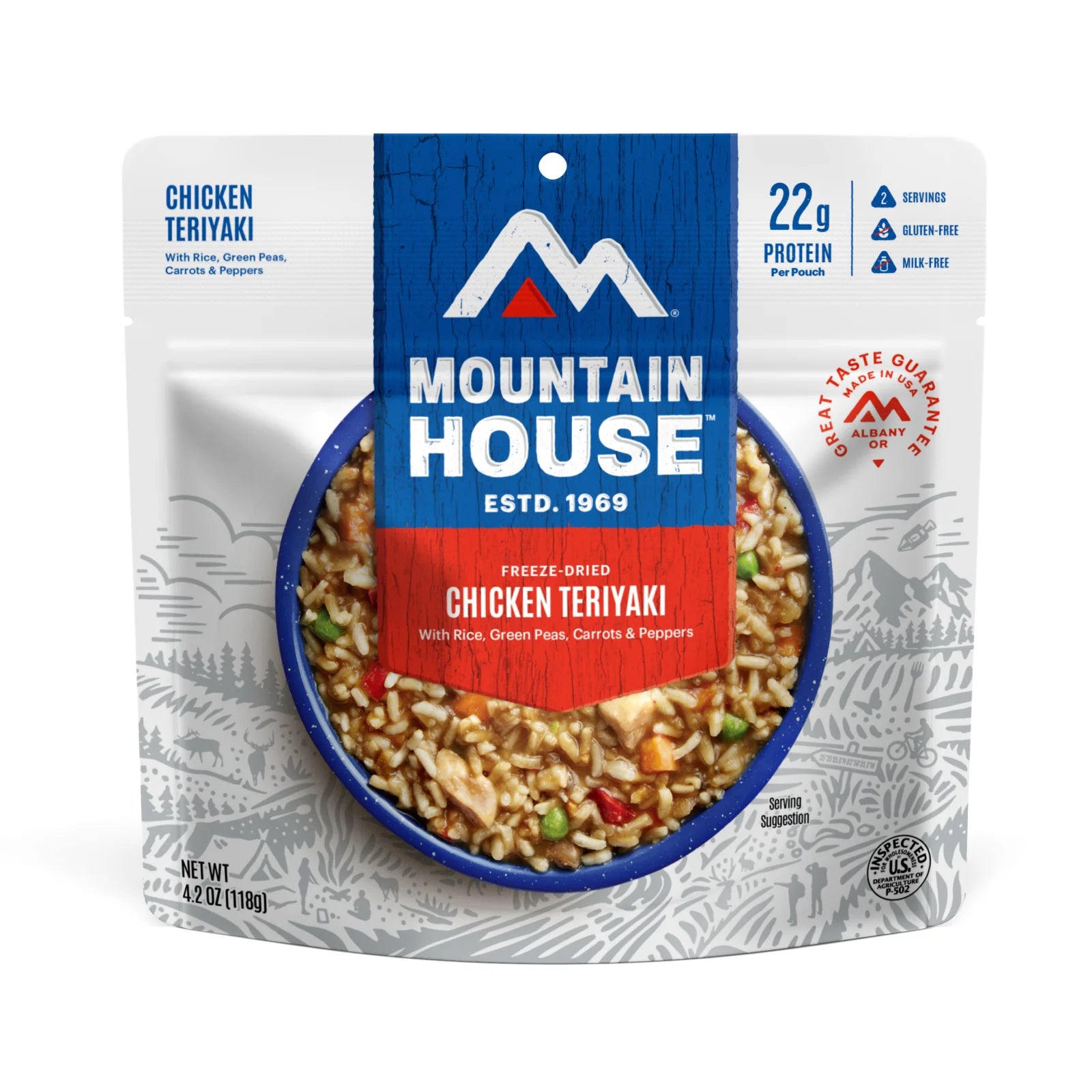 Mountain House Chicken Teriyaki freeze-dried meal packaging on a white background