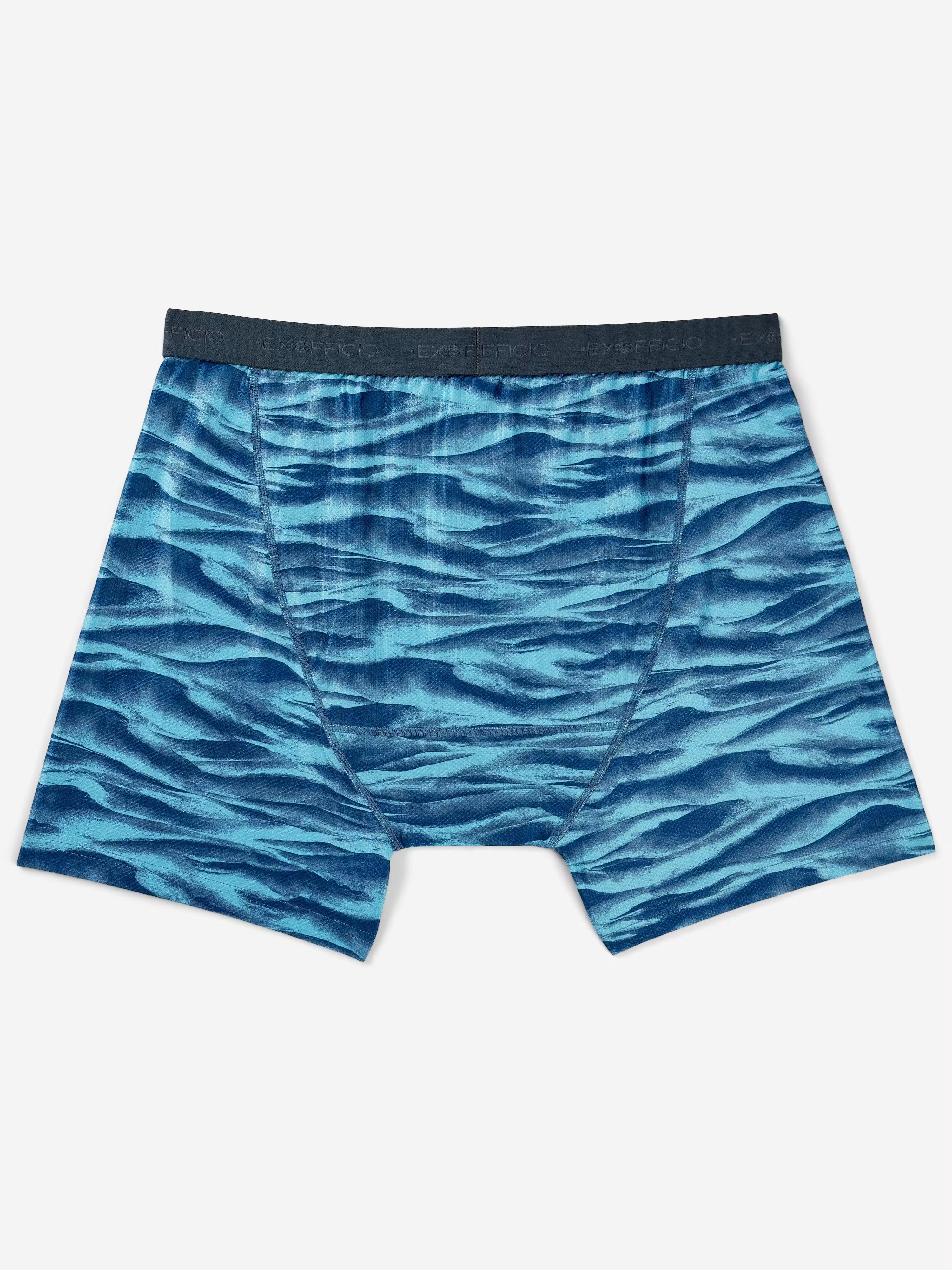 Blue and teal wavy pattern boxer briefs with a dark navy waistband, shown flat against a light gray background.