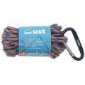 UST Para Finder Utility Cord 30ft long cord in a blue and orange paracord twist, with a black carabiner attached and a blue paper label wrapper.
