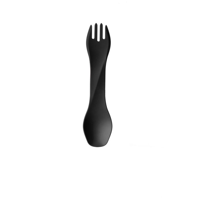 A black plastic spork with integrated spoon bowl, shown vertically on a plain white background.
