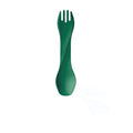 A dark green plastic spork with a twisted handle design, isolated on a white background.