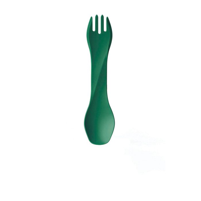 A dark green plastic spork with a twisted handle design, isolated on a white background.