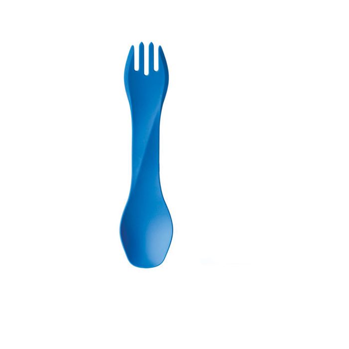 A blue plastic spork with integrated tines, shown vertically against a plain white background.