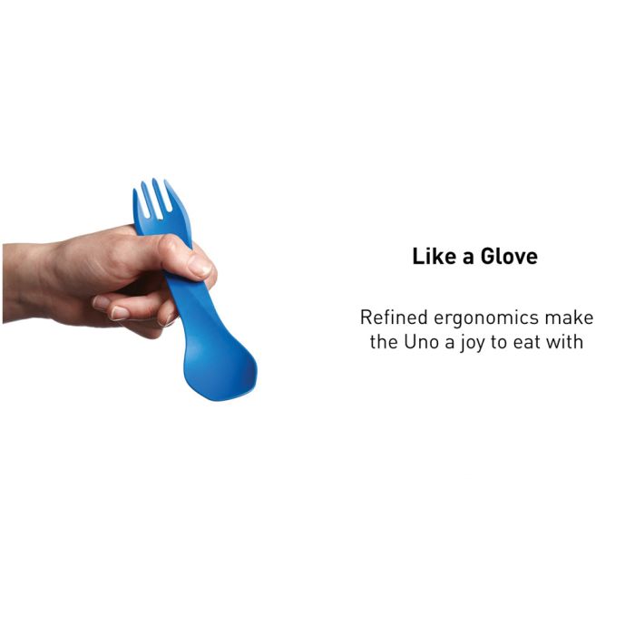 A hand holding a blue spork-style utensil against a white background, with text reading 'Like a Glove' and 'Refined ergonomics make the Uno a joy to eat with.'.