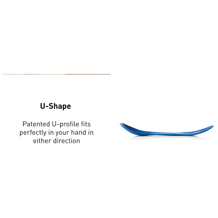 A blue U-shaped dish or tray shown on a clean white background with text reading 'U-Shape' and 'Patented U-profile fits perfectly in your hand in either direction.'.