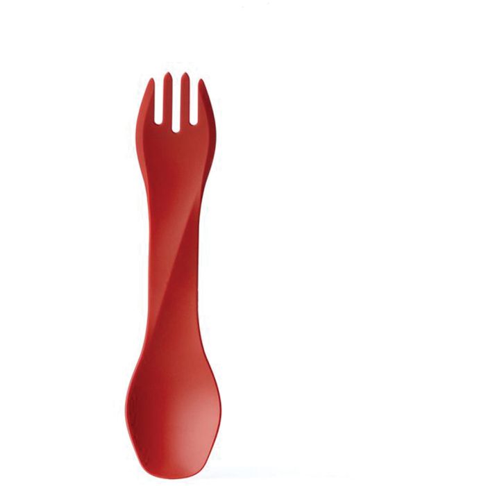 A red spork with integrated spoon bowl, shown vertically on a plain white background.