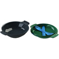 Two plastic baby feeding bowls with side handles on a white background: one dark navy bowl on the left and one green tray with a blue plastic fork and knife on the right.
