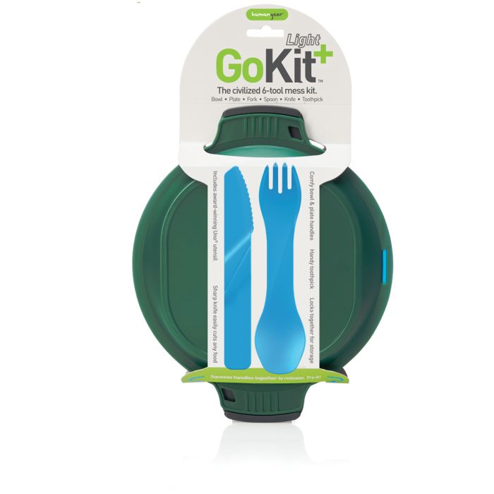 TechnoGear Light GoKit+ 6-tool mess kit in its retail packaging, featuring a dark green bowl, blue plastic utensils, and a white cardboard header.