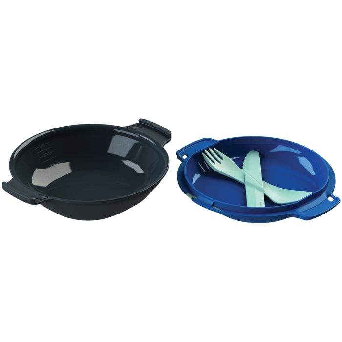 Two round plastic bowls with side handles on a white background, one in black and one in blue, with a light blue plastic fork and knife placed in the blue bowl.