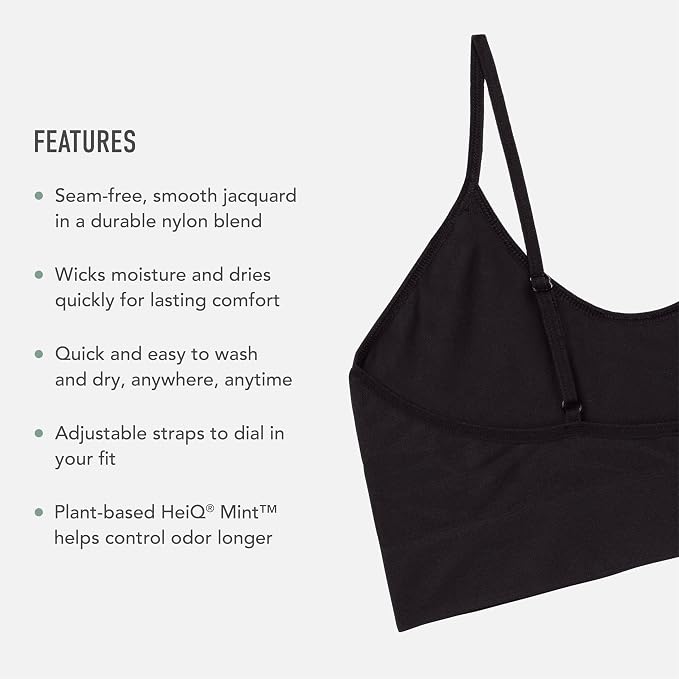 Black seamless bralette with text listing features on a light gray background.