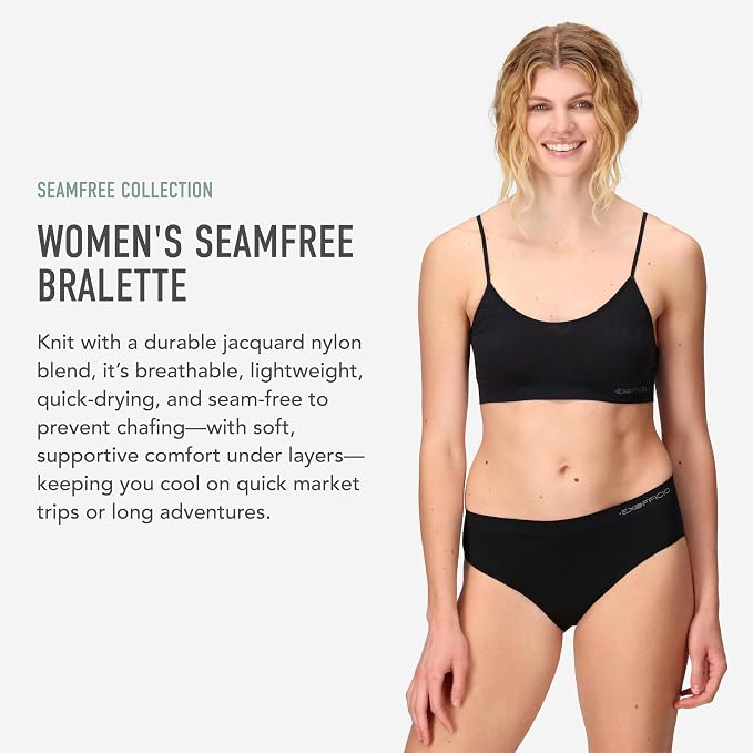 A woman modeling black seamless bralette and matching underwear against a light gray background, with product text on the left reading 'Seamfree Collection Women's Seamfree Bralette.'.