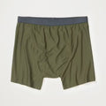 Olive green boxer briefs with a dark gray elastic waistband, laid flat on a light off-white background.