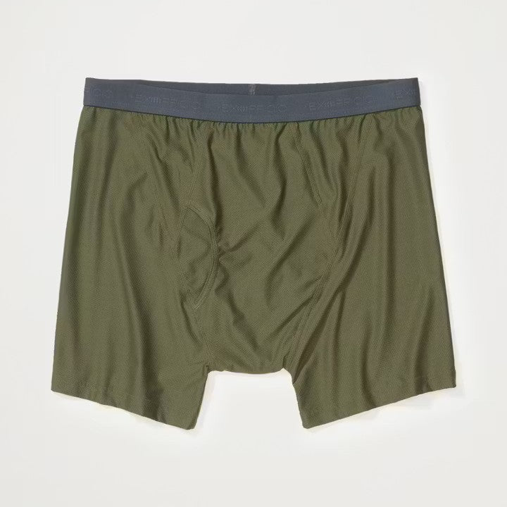 Olive green boxer briefs with a dark gray elastic waistband, laid flat on a light off-white background.