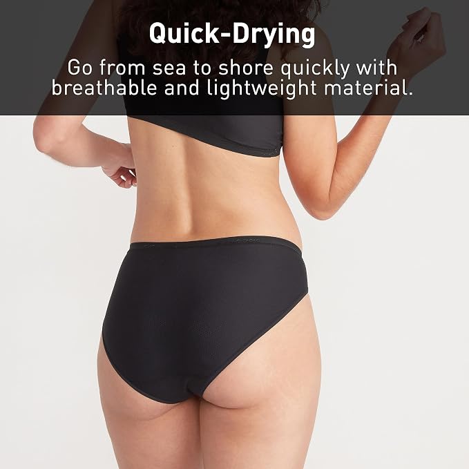 Person wearing black quick-drying swimwear with text on a gray background
