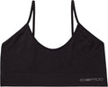 A black sports bra with thin shoulder straps and a wide underband, featuring the white 'EX:EFFICIO' logo on the lower right side, shown against a plain white background.