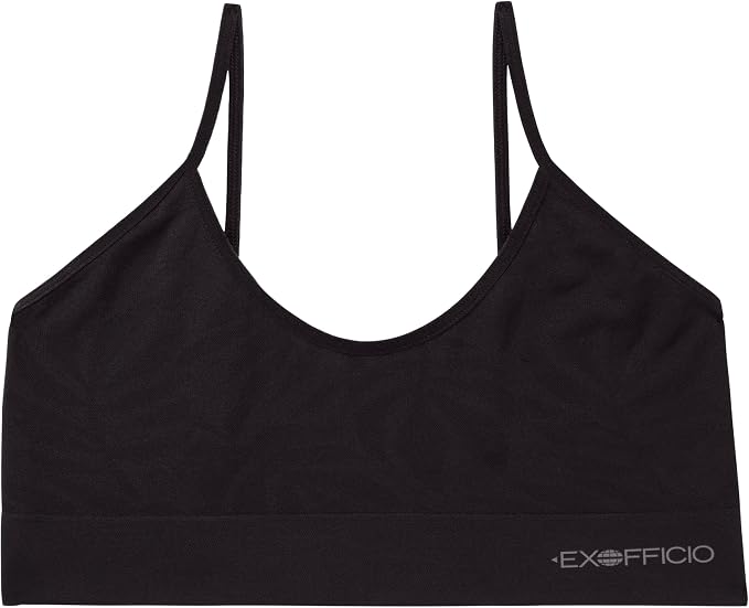 A black sports bra with thin shoulder straps and a wide underband, featuring the white 'EX:EFFICIO' logo on the lower right side, shown against a plain white background.
